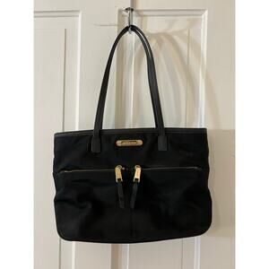 Michael Kors Kempton Medium Pocket Tote Bag black leather nylon zip gold purse